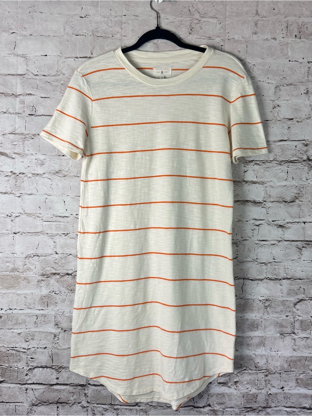 Lou & Grey Orange Cream Striped Short Sleeve T Shirt Dress XS 100% Cotton Knee